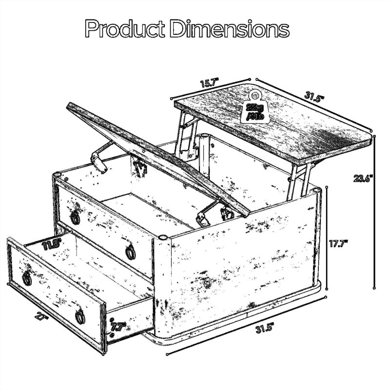 Table basse à plateau relevable avec rangement, table basse carrée Farmhouse avec mécanisme de levage à vérin à gaz, compartiments cachés et tiroir de rangement pour le salon