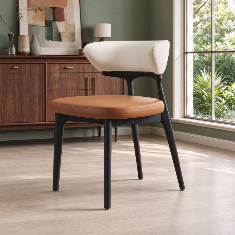 Ensemble de 6 chaises de salle à manger modernes entièrement assemblées, revêtement en similicuir blanc et brun caramel, pieds en bois massif