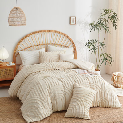 Geometric Arch Pattern Tufted Microfiber Comforter Set Beige Farmhouse Shabby Chic Embroidery Luxury Soft Bedding Set For All Seasons