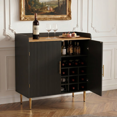 Armoire à café moderne 37,25 po avec support à vin et texture cannelée, armoire à alcool avec tablettes réglables et porte-verres pour la cuisine