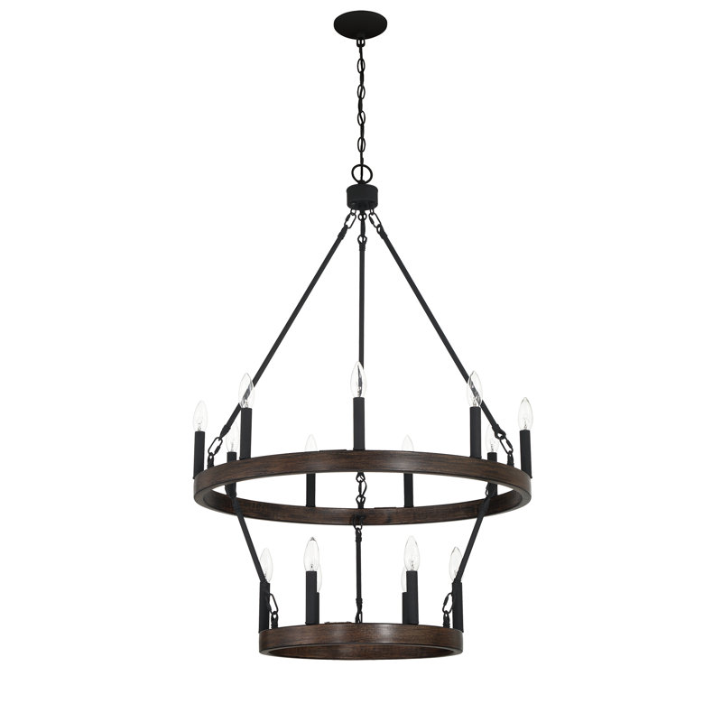 Adriana 15-Light 2-Tier Dimmable Wagon Wheel Chandelier, Weathered Walnut/Black