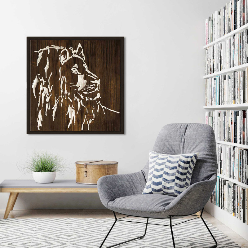 Lion blanc sur bois foncé - impression, Cadre flottant espresso, H 31,5 po x l 31,5 po x P 2 po