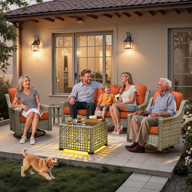 Harper 6 - Person Outdoor Seating Group with Cushions and Solar Powered Coffee Table, Bold Striped Orange Red