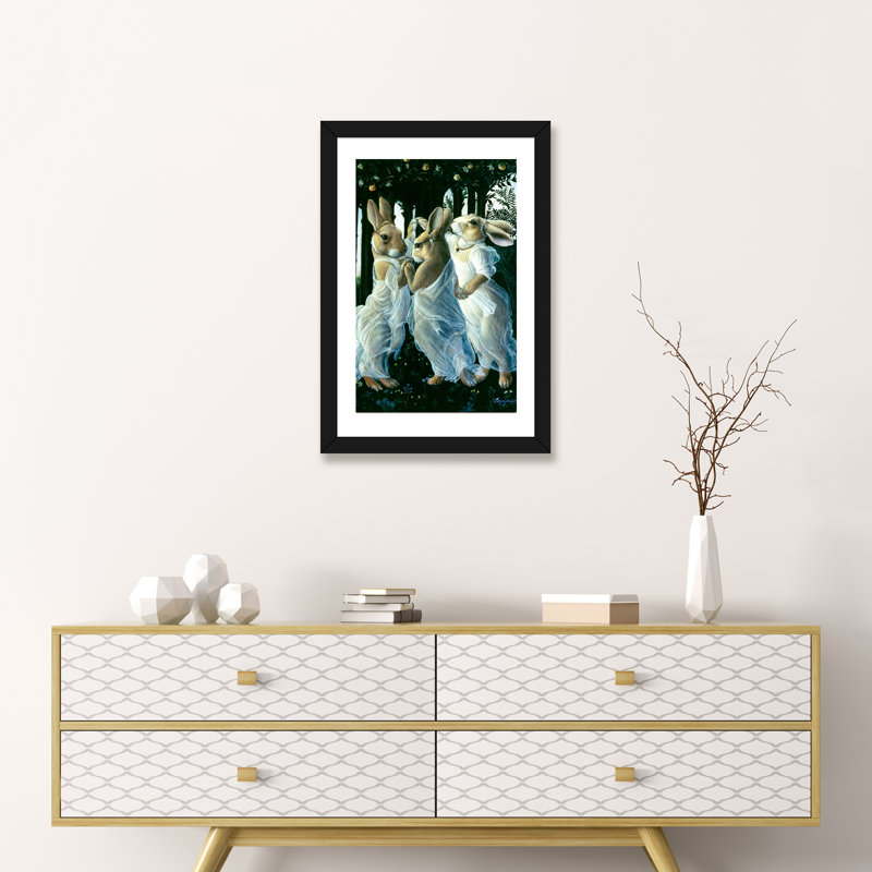 « Bunny graces » par Melinda Copper-impression d’art graphique, H 32 po x l 24 po x P 1 po, Papier avec cadre noir