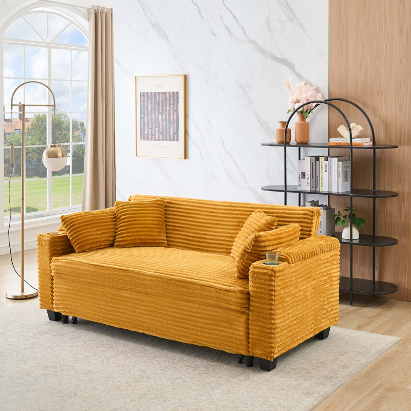 Canapé-lit extensible 80 po en velours côtelé avec porte-gobelet, Orange