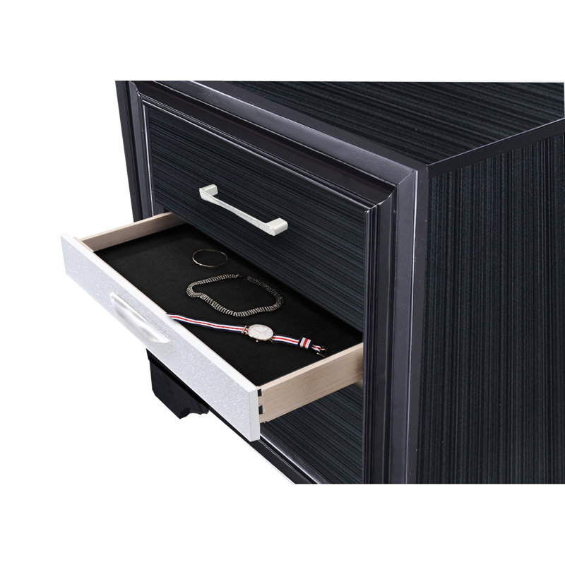 Table de chevet chic en noir avec deux grands espaces de rangement internes et un tiroir à bijoux noir: gardez votre chambre à coucher bien organisée
