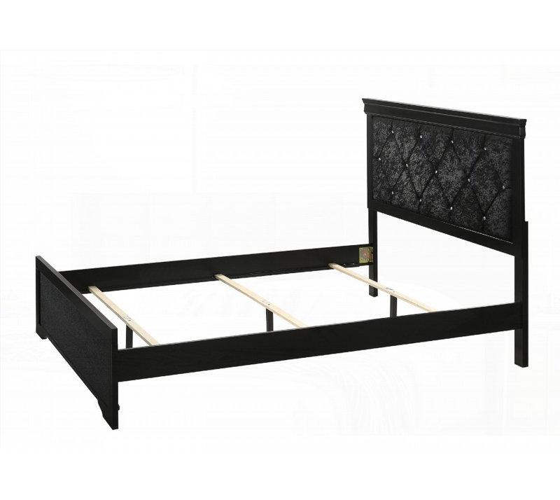 Lit à panneau moderne à finition noire grand / très grand avec tête de lit tapissier et amp; Capitonnage à boutons en cristal, aucun sommier nécessaire, bois massif