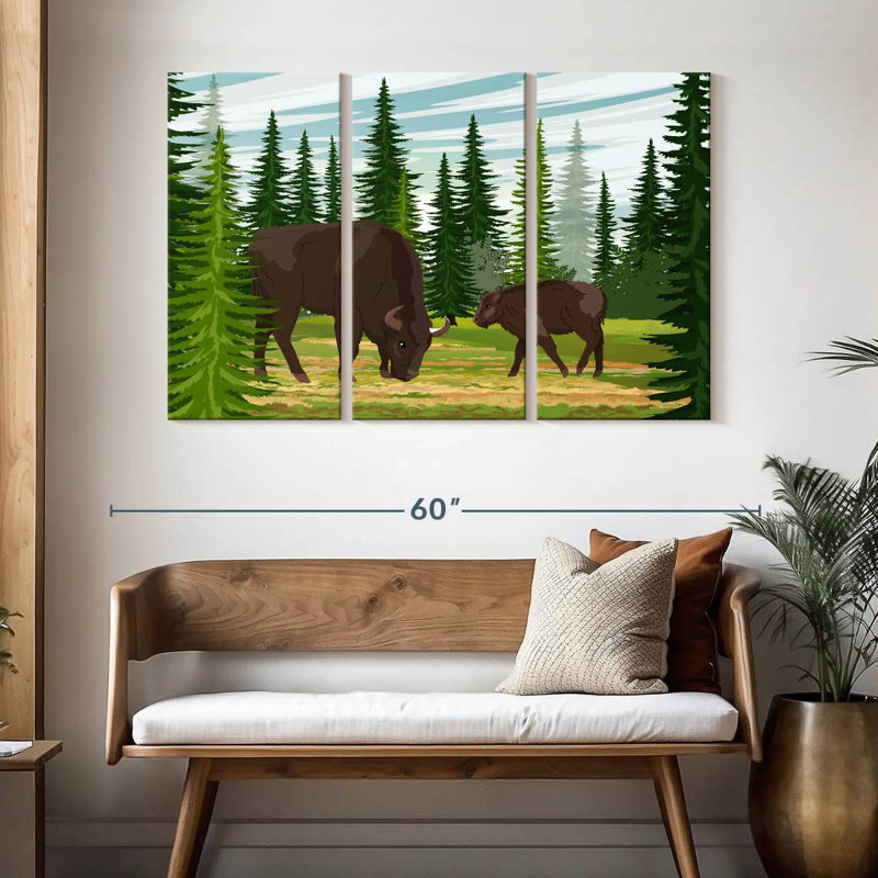 Brampt Grazing Bison And Calf, 32" H x 50" W