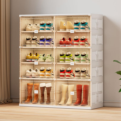  Range-chaussures pliable moderne à 5 niveaux à deux colonnes avec portes magnétiques, rangement blanc pour vestibule ou garde-robe