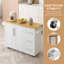 Chariot pour îlot de cuisine blanc 43 po avec plateau en bois massif pliable, 3 tiroirs, armoire à 2 portes, porte-épices et serviettes, roues verrouillables