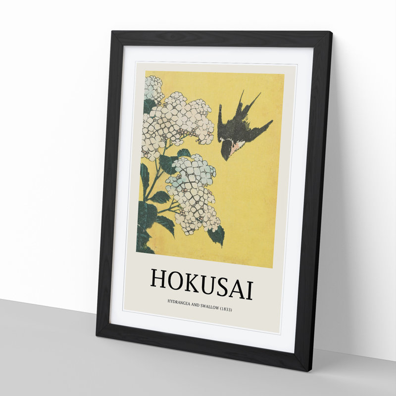 Hydrangeas and Swallow by Katsushika Hokusai - Picture Frame Painting, 48cm H x 36cm W x 2cm D, Black Framed