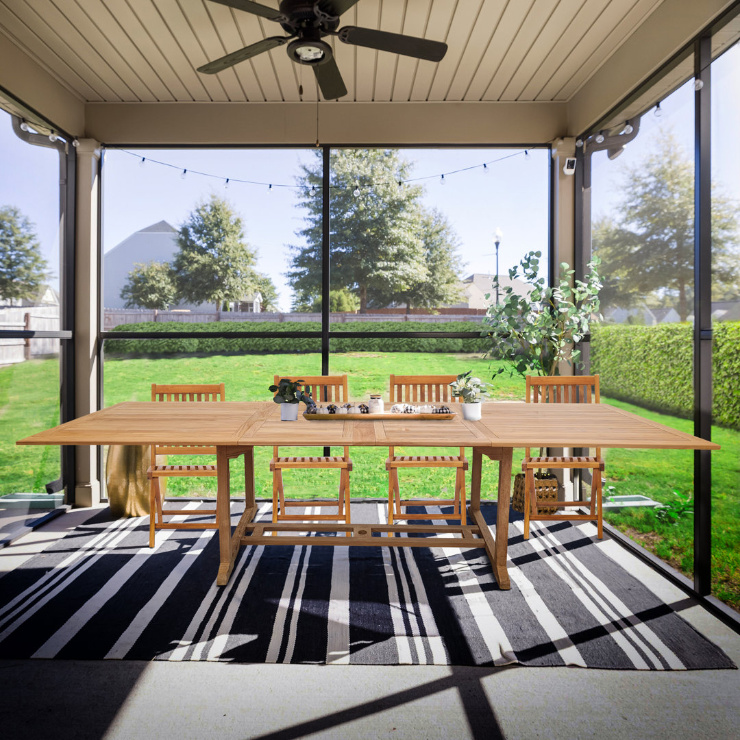 Duchene Butterfly Leaf Solid Teak Wood Rectangular Trestle Dining Table Rosalind Wheeler