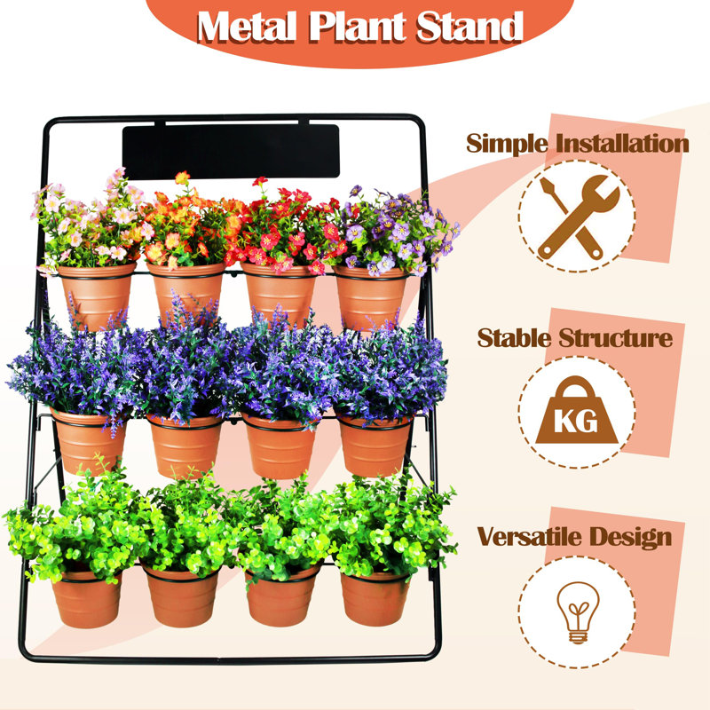 Black Metal 3-Tier Plant Stand with 12 Terracotta Pots