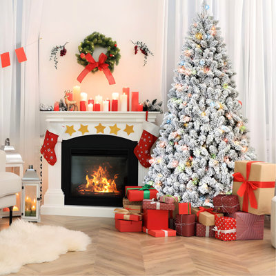 Arbre de Noël 5 pi avec 300 lumières multicolores Ul, 27 branches de pin naturel, 600 branches enneigées, branches articulées pour un assemblage sans effort et un support en métal stable équipé de décor coloré très facile