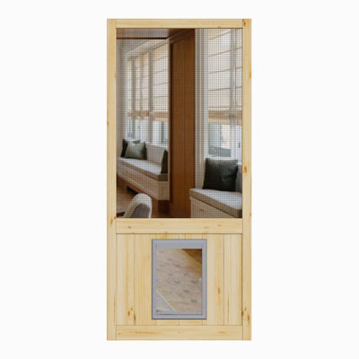 32 in. x 80 in. Half Lite Universal Unfinished Pine Gauze Mesh Screen Door Slab With Pet Door
