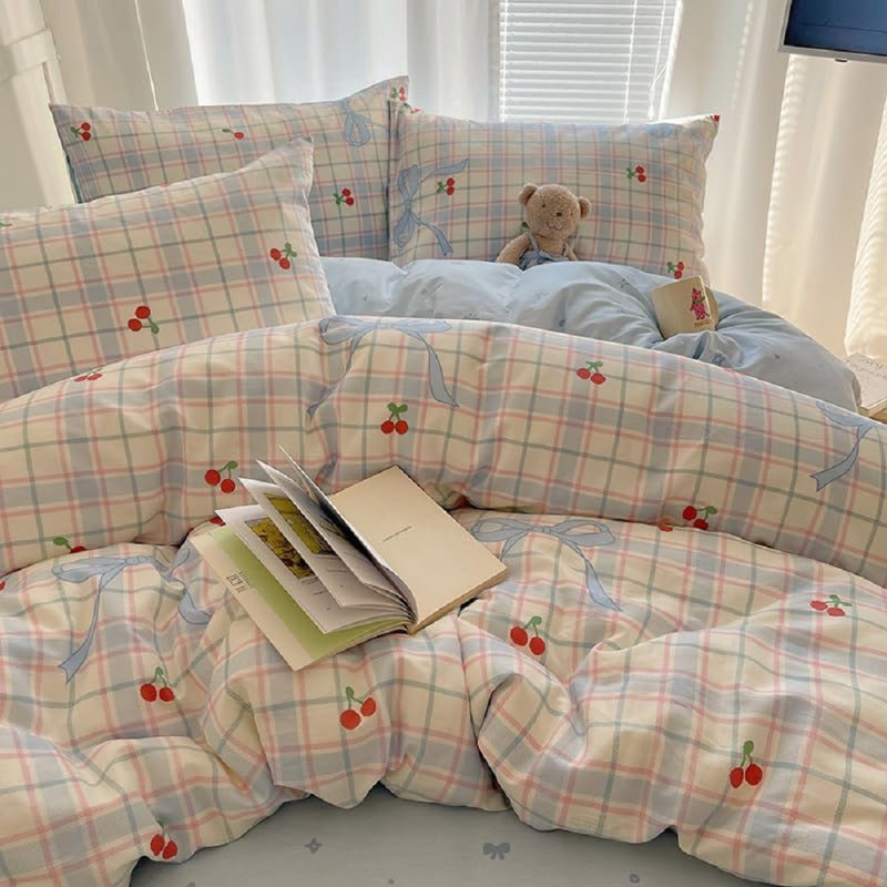 Housse de couette pour lit simple à motif écossais bleu et cerisier rouge, Housse de couette grand et 2 taies d'oreiller stan