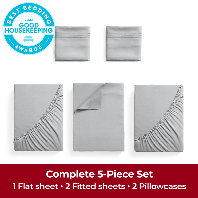 Mellanni 1800 Bed Sheet Set With DEEP Fitted Sheet, Light Grey, Split King Sheet Set with 2 Pillowcases