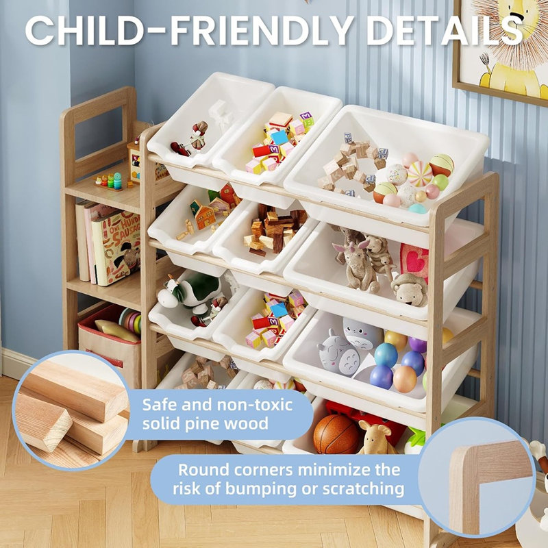 Organisateur de rangement pour jouets avec bibliothèque - étagère de rangement à 3 niveaux avec 12 bacs de rangement pour salle de jeux, chambre à coucher et chambre de bébé, blanc