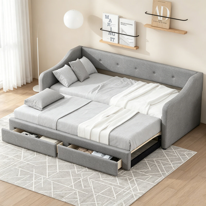 Lit de jour rembourré extensible simple TG avec très grand lit avec 2 tiroirs de rangement, gris, Grey