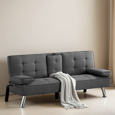 65" Wide Convertible Upholstered Reclining Sleeper Sofa with Cup Holder