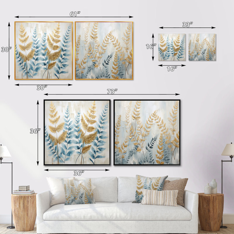 Blue and Golden Ferns Symphony - ensemble de 2 collages carrés de fougères, Cadre flottant noir, H 16 po x l 33 po
