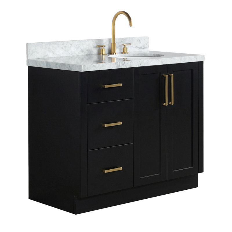 Meuble-lavabo rectangulaire simple de 43 pouces (109 cm) décalé vers la droite, avec comptoir en marbre blanc de Carrare de 1,5 pouce (3,8 cm) d'épaisseur, finition noire.