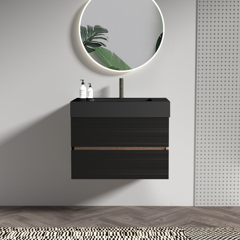 Meuble-lavabo 30 po avec lavabo en quartz noir mat Grace et tiroirs noirs doux, meuble-lavabo mural flottant pour salle de bain moderne
