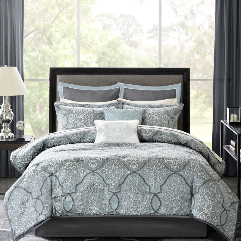 Literie 12 pièces de luxe bleu très grand - Draps en coton, édredon, taies décoratives, coussins décoratifs, jupe de lit avec motif géométrique moderne