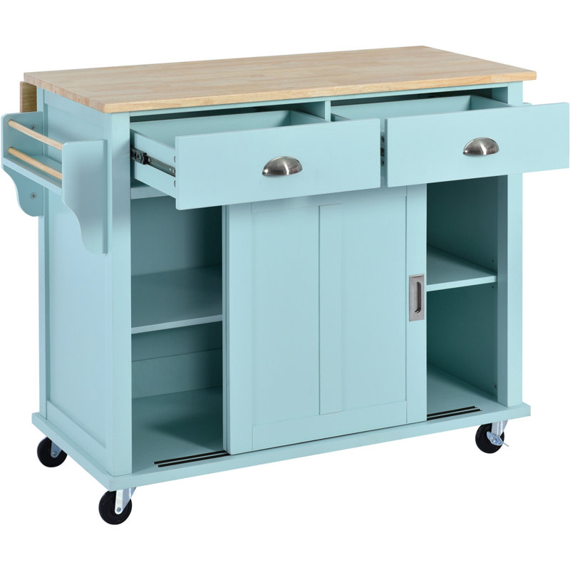 Buccigross 52.2'' Wide Rolling,with Rubber wood Drop-Leaf Countertop, Concealed sliding barn door adjustable height,Kitchen Island on 4 Wheels with Storage Cabinet and 2 Drawers,island,coffee cart