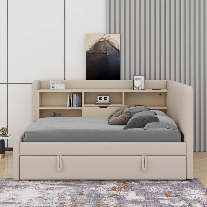Twin Size Upholstered Daybed With Trundle, Storage Shelves, USB & Outlet, Beige