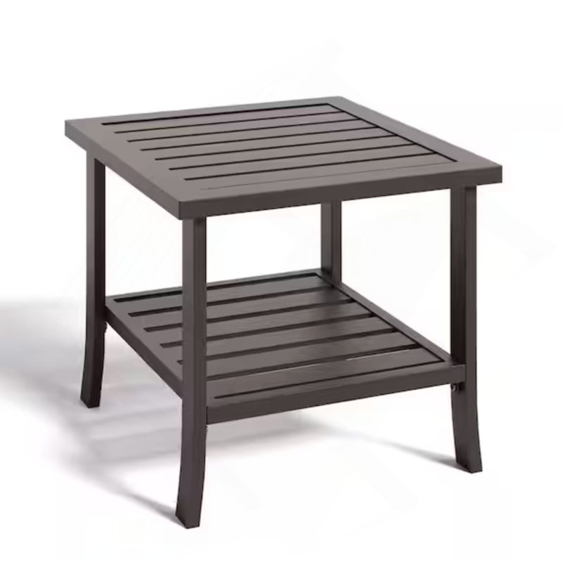 19" Square Brown Metal Outdoor Side Table, 2-Tier All-Weather Patio End Table, Brown