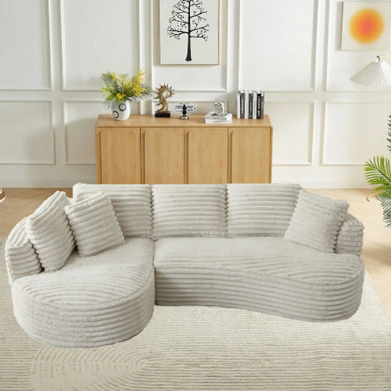 Canapé modulaire incurvé en forme de L 120,9 po en velours côtelé, sans assemblage, Orienté à gauche (vu de face), Crème