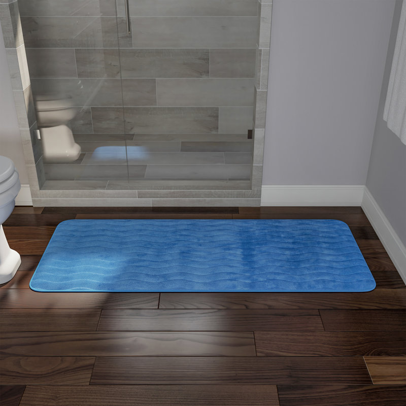 Memory Foam Bath Mat - 59x24 Inch Soft and Absorbent Bathroom Rug Runner with Textured Wave Print for Stylish Bathroom Decor - Bath Rugs Non Slip Washable Bathmat (Blue)
