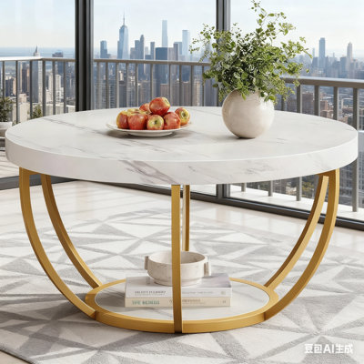 2-tier Round Coffee Table (faux White Marble & Gold Legs) - 31.5" For Living Room/office