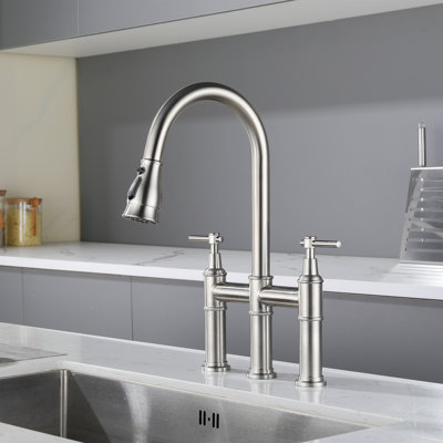 17"H Solid Brass Pull Down Bridge Kitchen Faucet,3-Function Two Handle Deck Mounted Kitchen Faucet