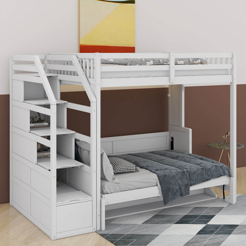 Lit double mezzanine double avec lumière DEL, escalier de rangement et lit escamotable