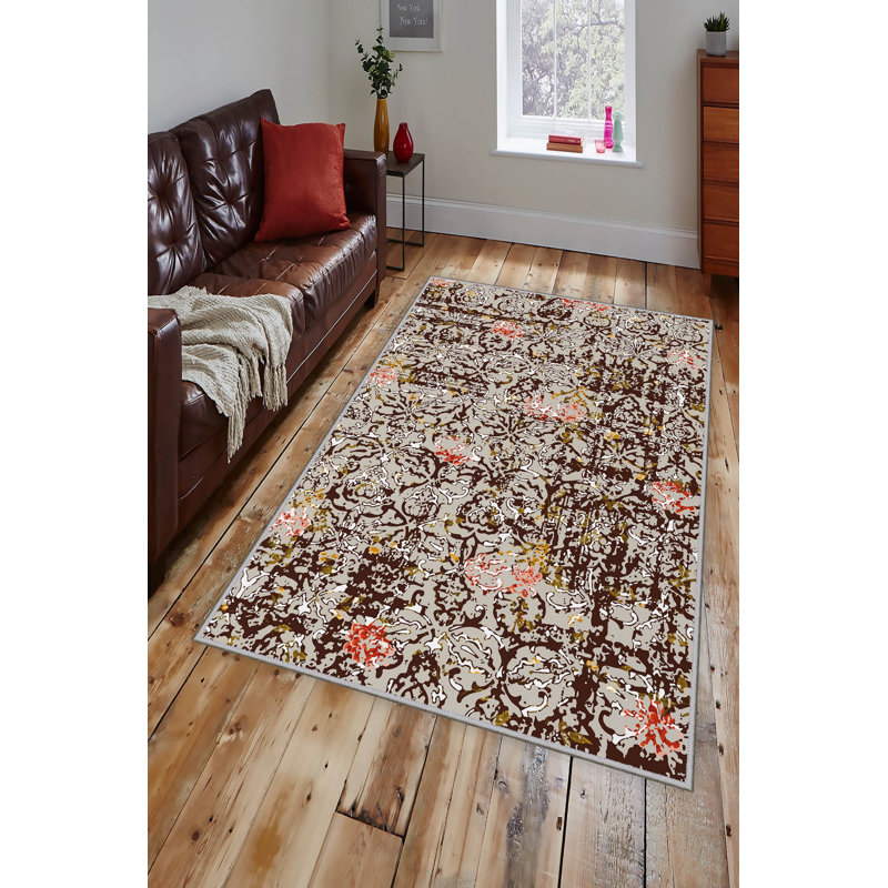 Tapis gris / brun / doré en polyester tissé à plat Midgegooroo, Rectangle 2 pi 7 po x 3 pi 11 po