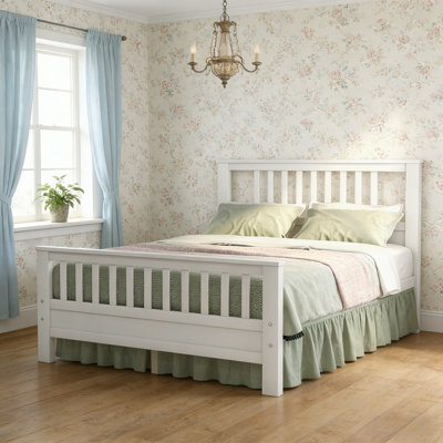 Modern White Solid Wood Platform Bed Frame With Paneled Headboard & Footboard, 10 Strong Wood Slats Support, 4 Center Support Legs, No Box Spring Required, Easy Assembly