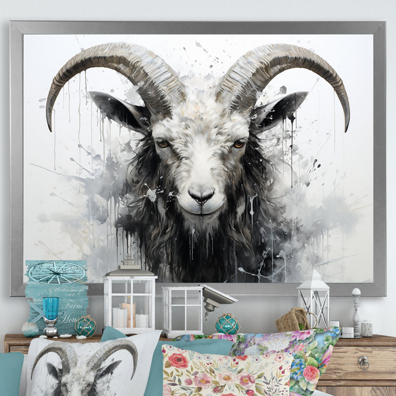 Impression sur toile, "Ram noir et blanc", Cadre simple argenté, H 34 po x l 44 po x P 1,5 po