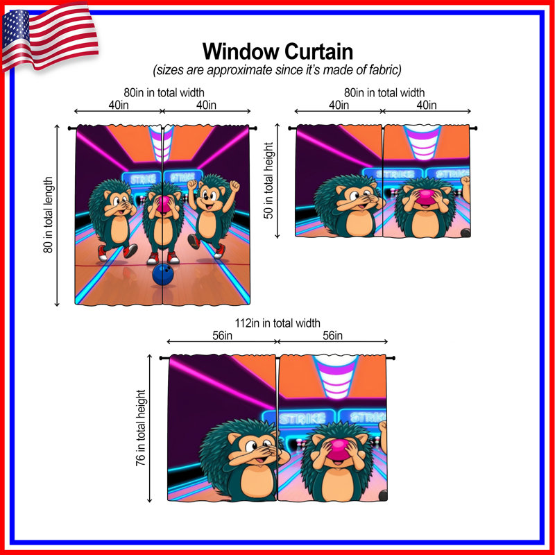 Caricature de rideaux de rideaux de bowling Hérissons et voilages - 2 panneaux, 20 po x 80 po - 2 panneaux, Transparent