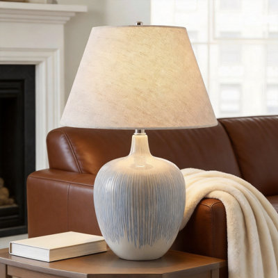 Lampe de table 18,9 "Coastal Farmhouse, lampe en céramique rayée bleue et blanche avec abat-jour en lin