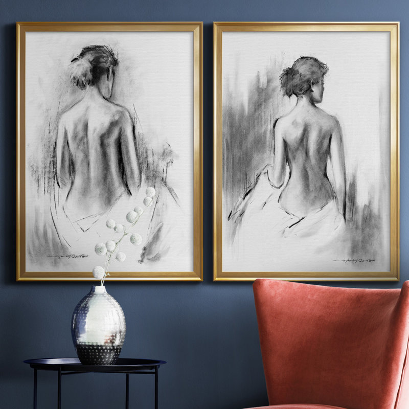 «Soft Silhouette III», ensemble de 2 reproductions d'art, H 22,5 po x l 61 po x P 1,5 po, Toile encadrée dorée, Pas de tapis