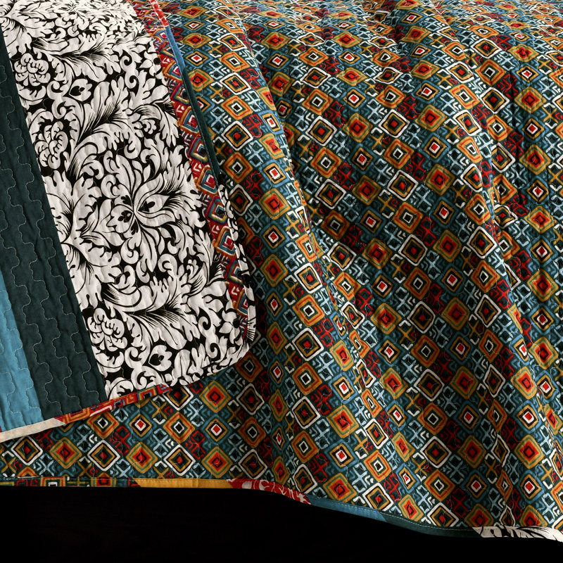 Boho Stripe Reversible Coverlet Set, King Quilt + 2 King Shams, Turquoise/Tangerine