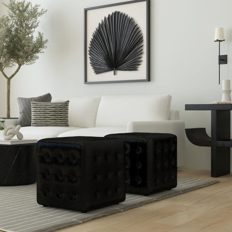 Leon Button Tufted Leather Ottoman, Dark Brown Genuine Leather