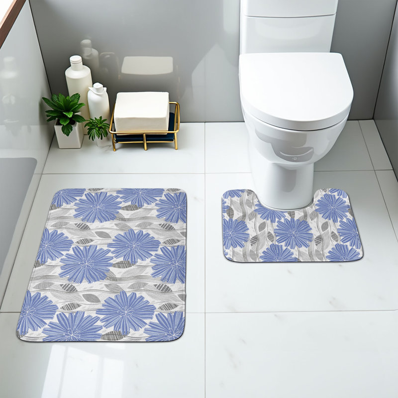  Ensemble de tapis de salle de bain gris et bleu 2 pièces