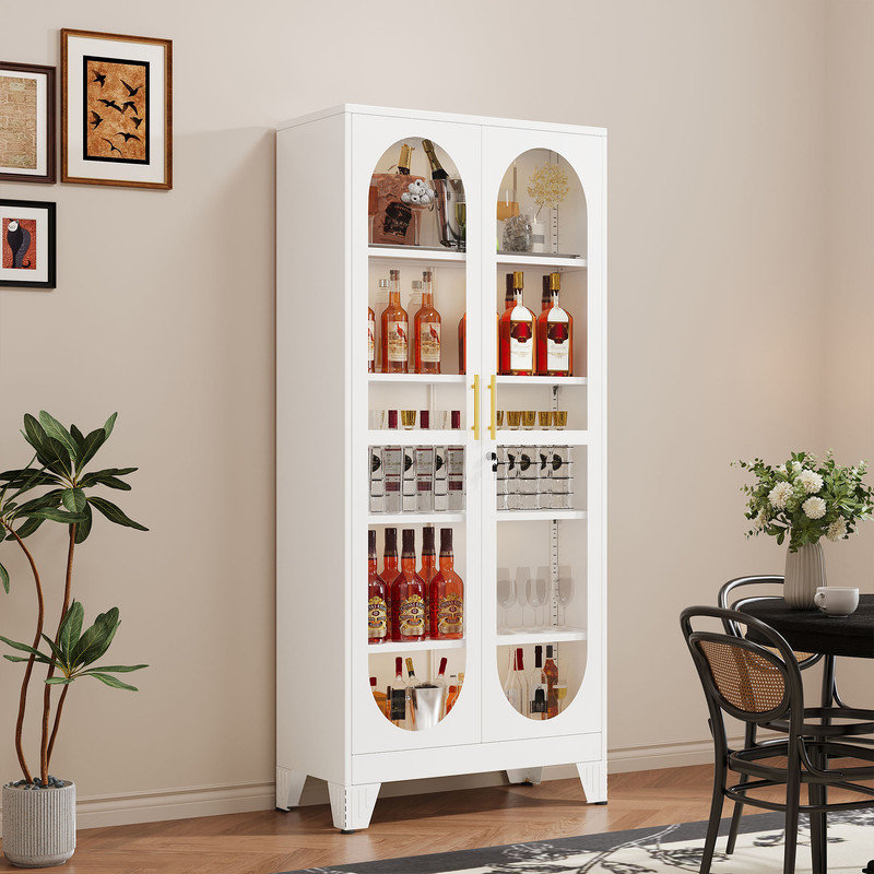 70.87"H Tall Black Glass Display Cainbet with 4 Adjustable Shelves, White