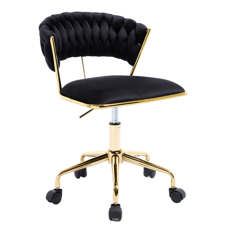 Home Office Chair, Velvet Upholstered Task Chair With Woven Open Back, 360° Swivel Desk Chair With Wheels, Adjustable Vanity Chair, Computer Chair For Office, Studio