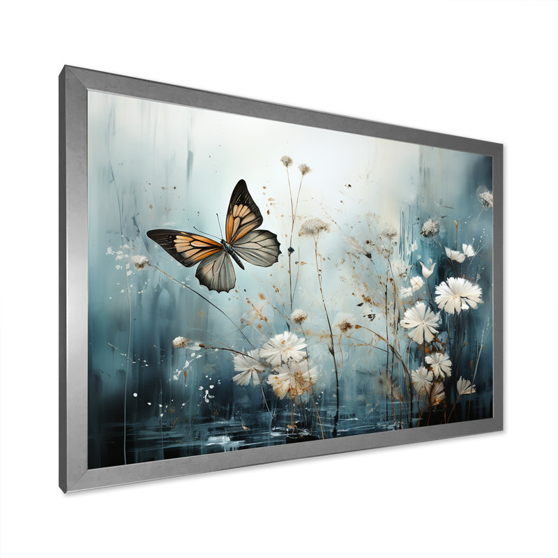Papillon champ de fleurs sur toile, Cadre simple argenté, H 12 po x l 20 po x P 1 po