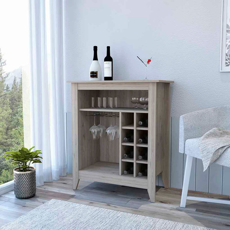 Armoire de bar château, une tablette ouverte, six casiers à vin, finition gris clair