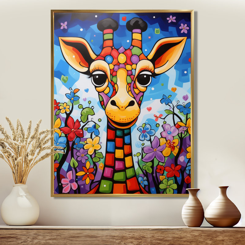 Girafe colorée mignonne dans le paysage de la jungle, Toile avec cadre flottant or, H 40 po x l 30 po x P 1,5 po